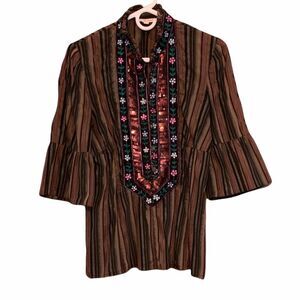 Nanette Lepore Bohemian Striped Sequin Embroidered Bell Sleeve Blouse Size 8